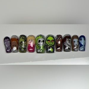 Grinch,jack skellington,sally,victor and Emily, Cindy-Lou,max and Fred press ons